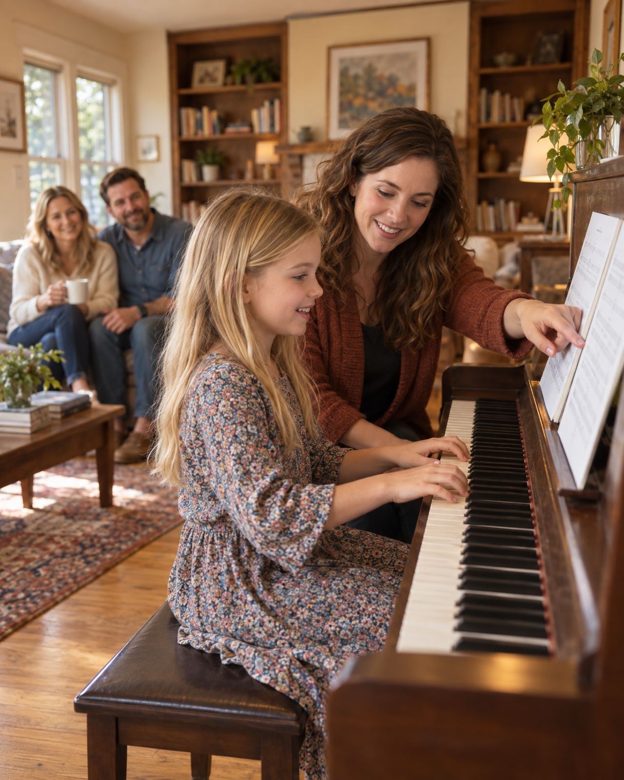 A music teacher guides a young girl at the piano in her family's Atlanta living room while her parents watch proudly from the sofa