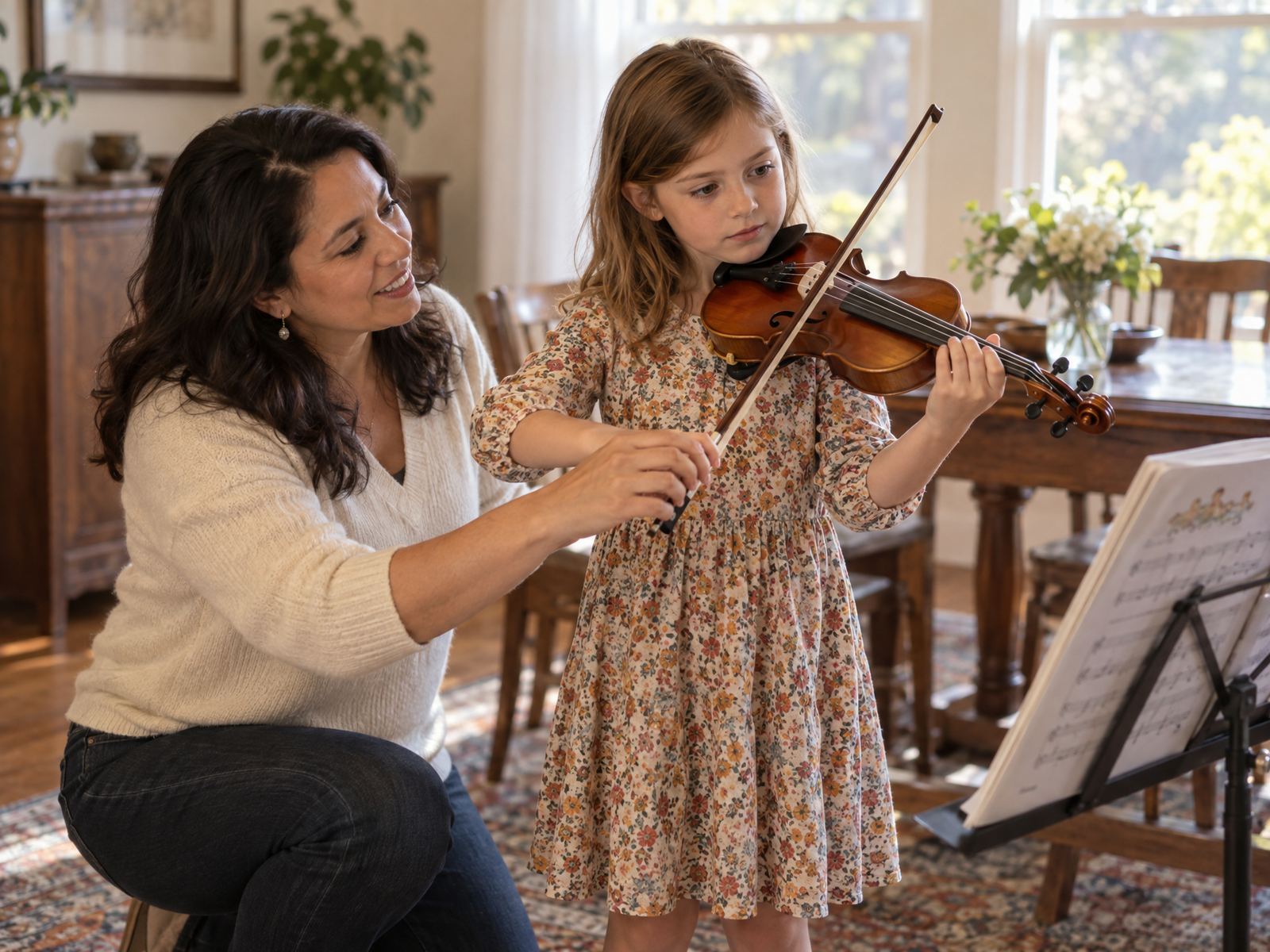 Young girl learning violin at home with her teacher
