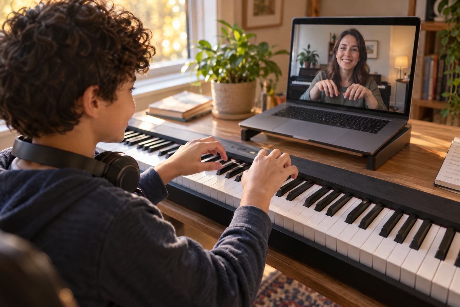 Boy taking a live online piano lesson on a laptop