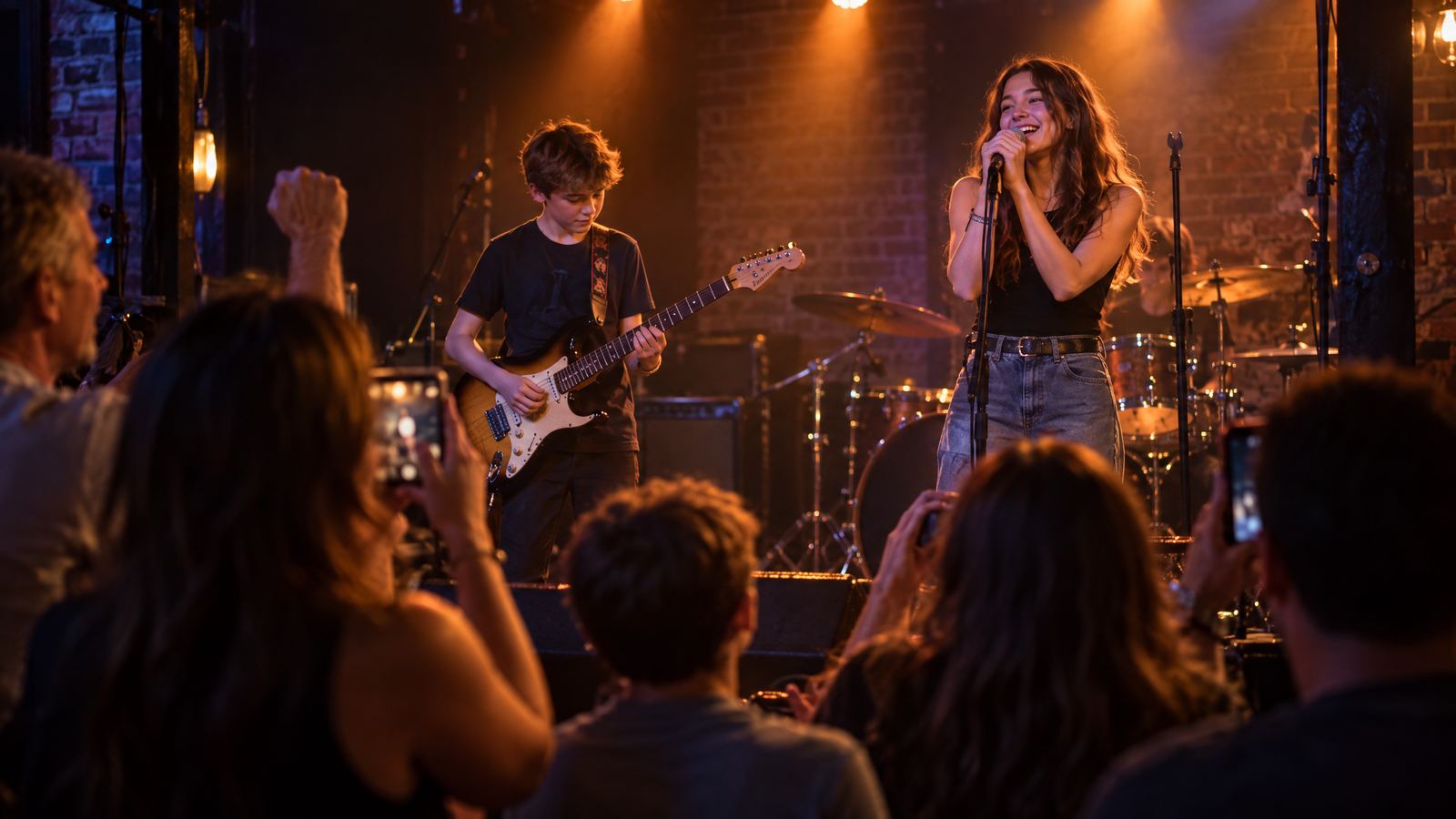 Young students performing guitar and vocals on stage at an Atlanta music venue while families cheer