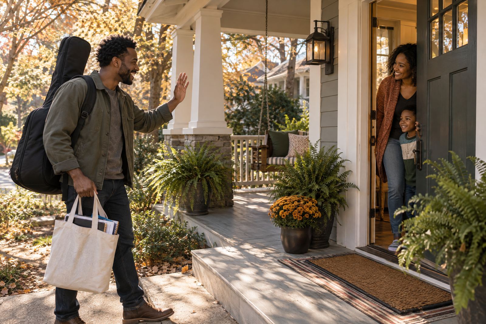 Music teacher arriving at a family's front door with a guitar case